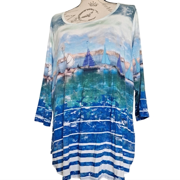 SOLD Karen Kane abstract art to wear boats on ocean stretchy blouse top size 1X - Picture 3 of 15